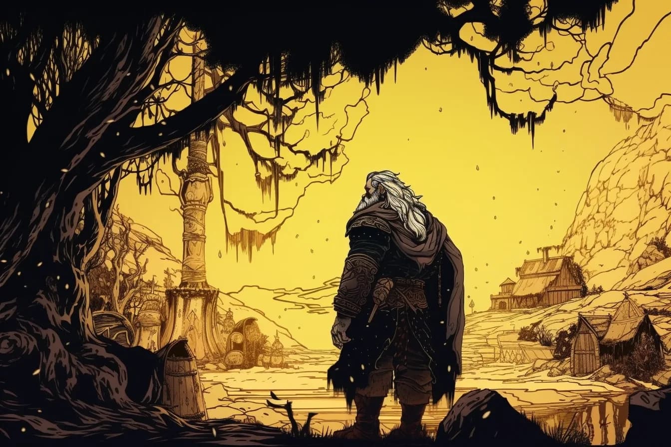 Generated illustration of a white-haired wanderer in dark armor beneath moss-hung trees, a village glowing amber beyond