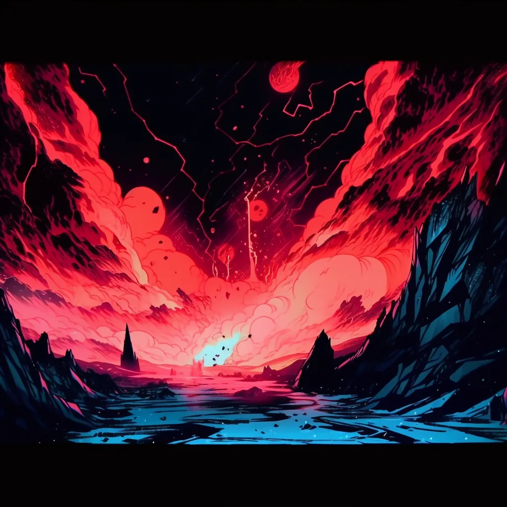 Generated illustration of crimson storm clouds boiling over a dark valley, a pale blue river cutting between the rocks