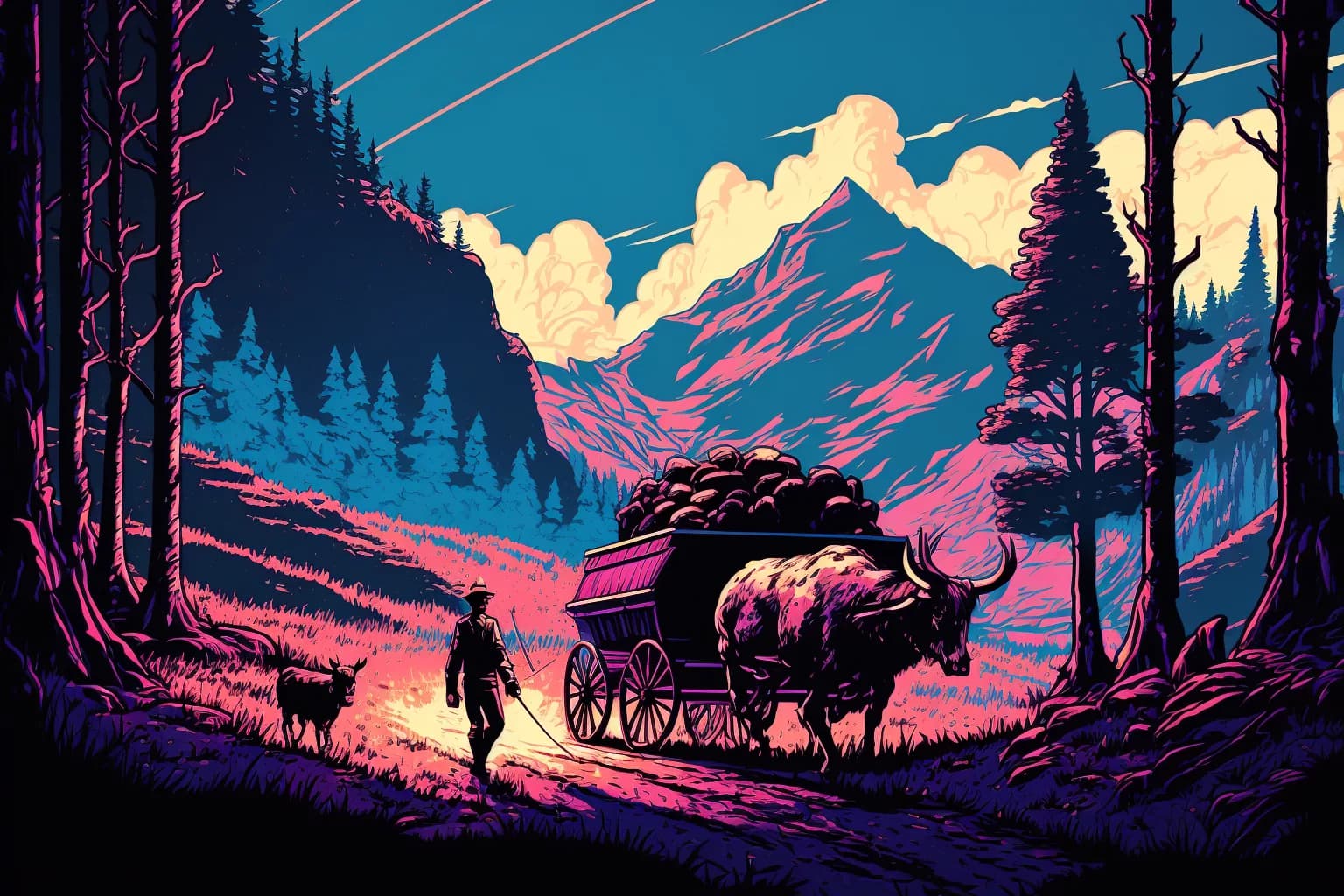 Generated illustration of a herder and an ox-drawn wagon on a mountain trail at dusk, in deep indigo, pink, and cream