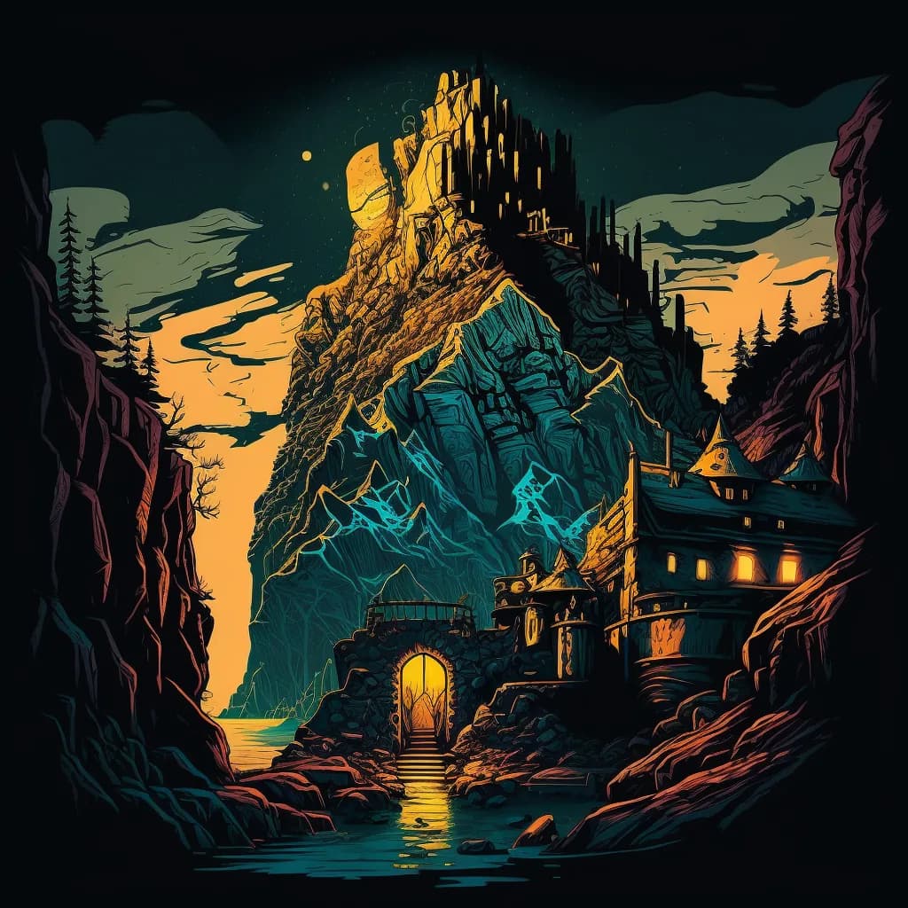 Generated illustration of a fortress on a sea crag at dusk, its gatehouse lit warm above a small harbor